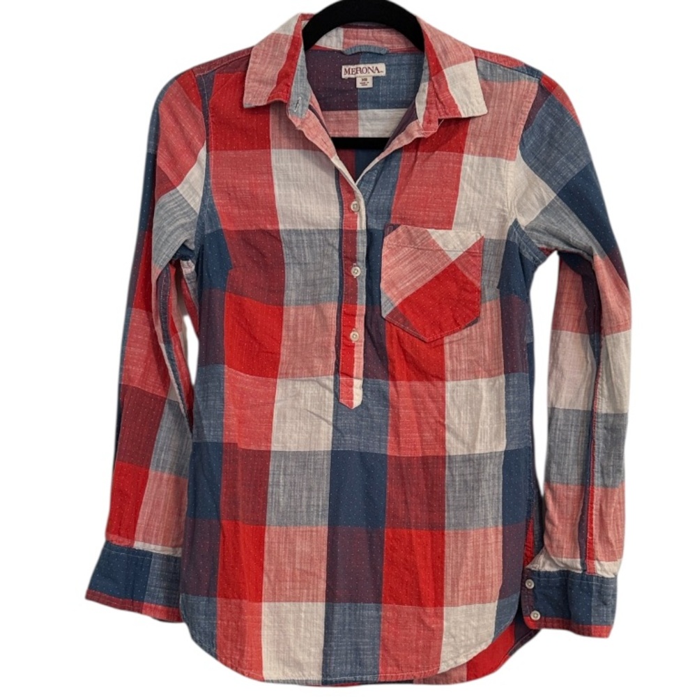 🌻 Merona Red, White, and Blue Checkered 1/2 Button Down Top